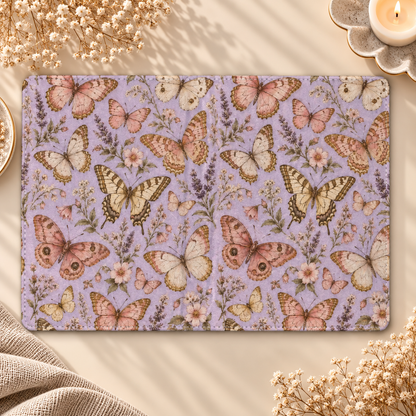 Lilac Butterfly Kindle case opened flat, front and back — butterflies, lavender and wildflowers on lilac