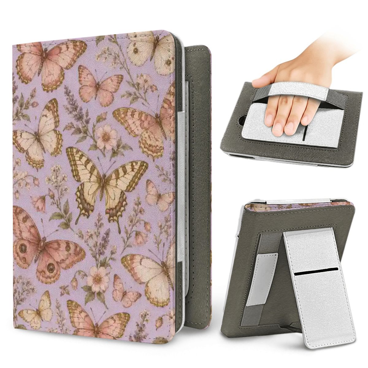 Lilac Butterfly Kindle case — elastic hand strap and fold-out stand on the back