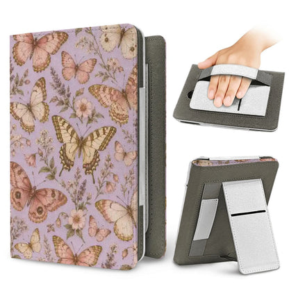 Lilac Butterfly Kindle case — elastic hand strap and fold-out stand on the back