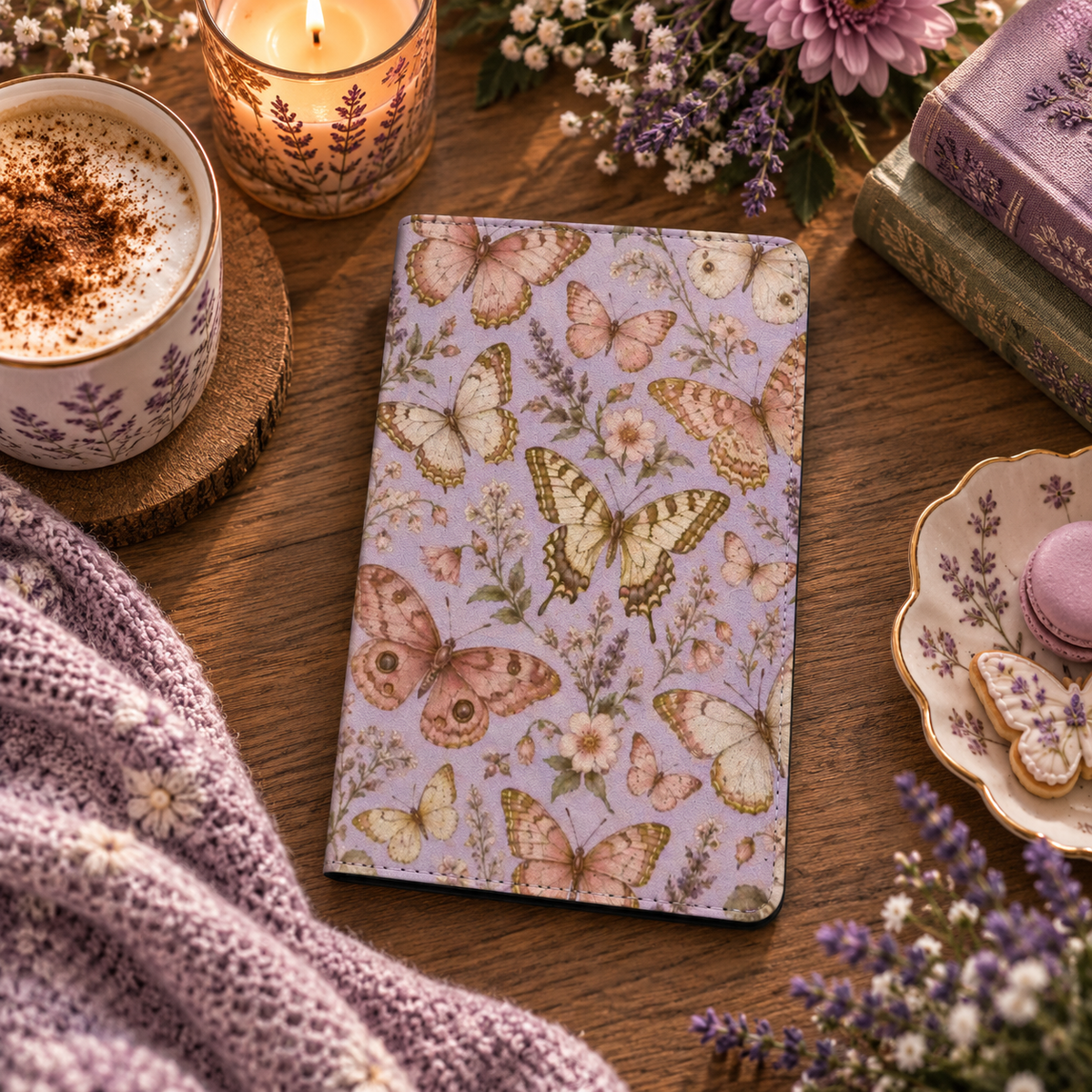 Lilac Butterfly Kindle case — butterflies on lilac, styled with a latte, candle, lavender and a macaron