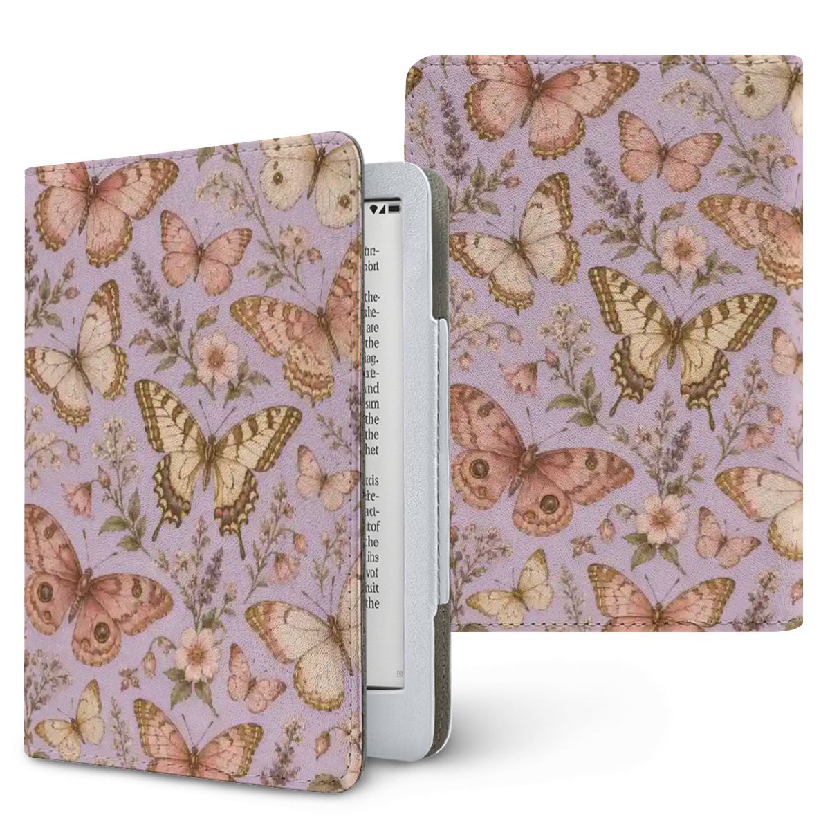 Lilac Butterfly Kindle case — pink, cream and yellow butterflies with lavender sprigs on lilac, printed front and back