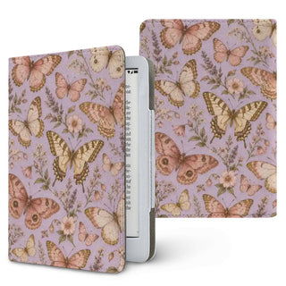 Lilac Butterfly Kindle case — pink, cream and yellow butterflies with lavender sprigs on lilac, printed front and back