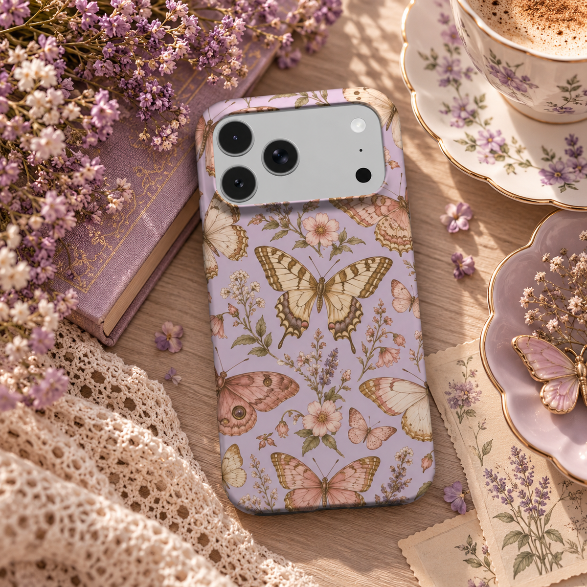 Lilac Butterfly phone case – MagSafe iPhone case, lifestyle photo