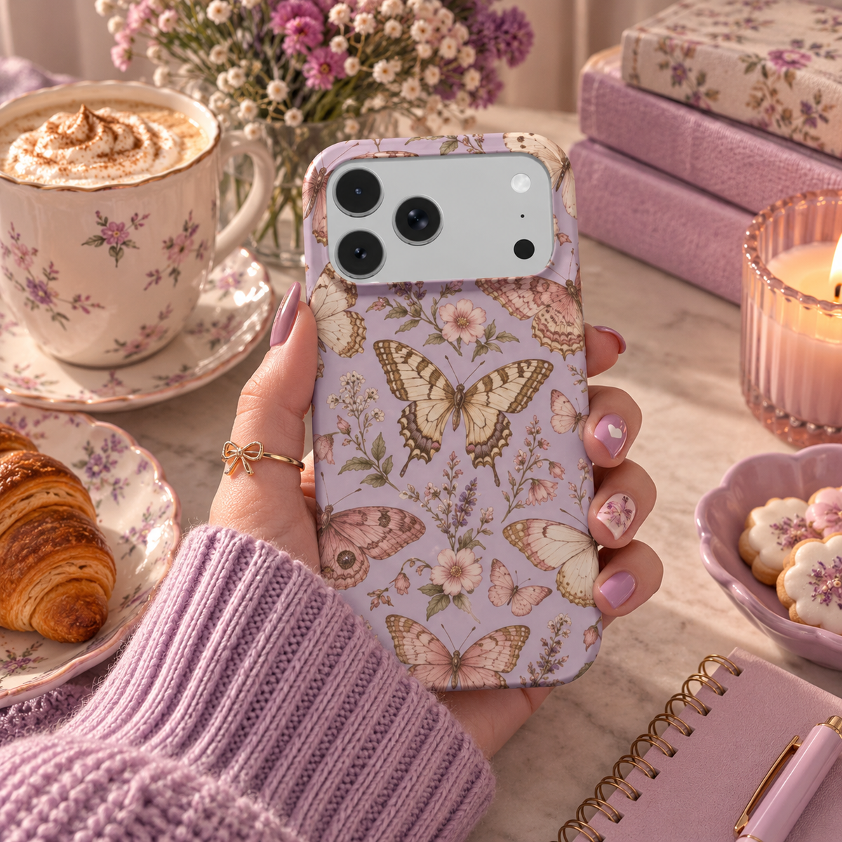 Lilac Butterfly phone case – MagSafe iPhone case, styled photo