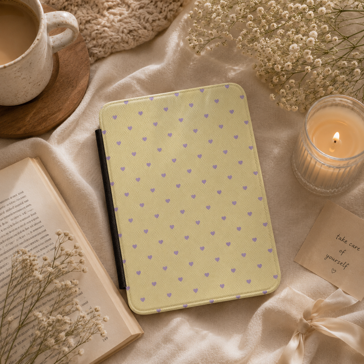 Lilac Hearts Kindle case shown at an angle