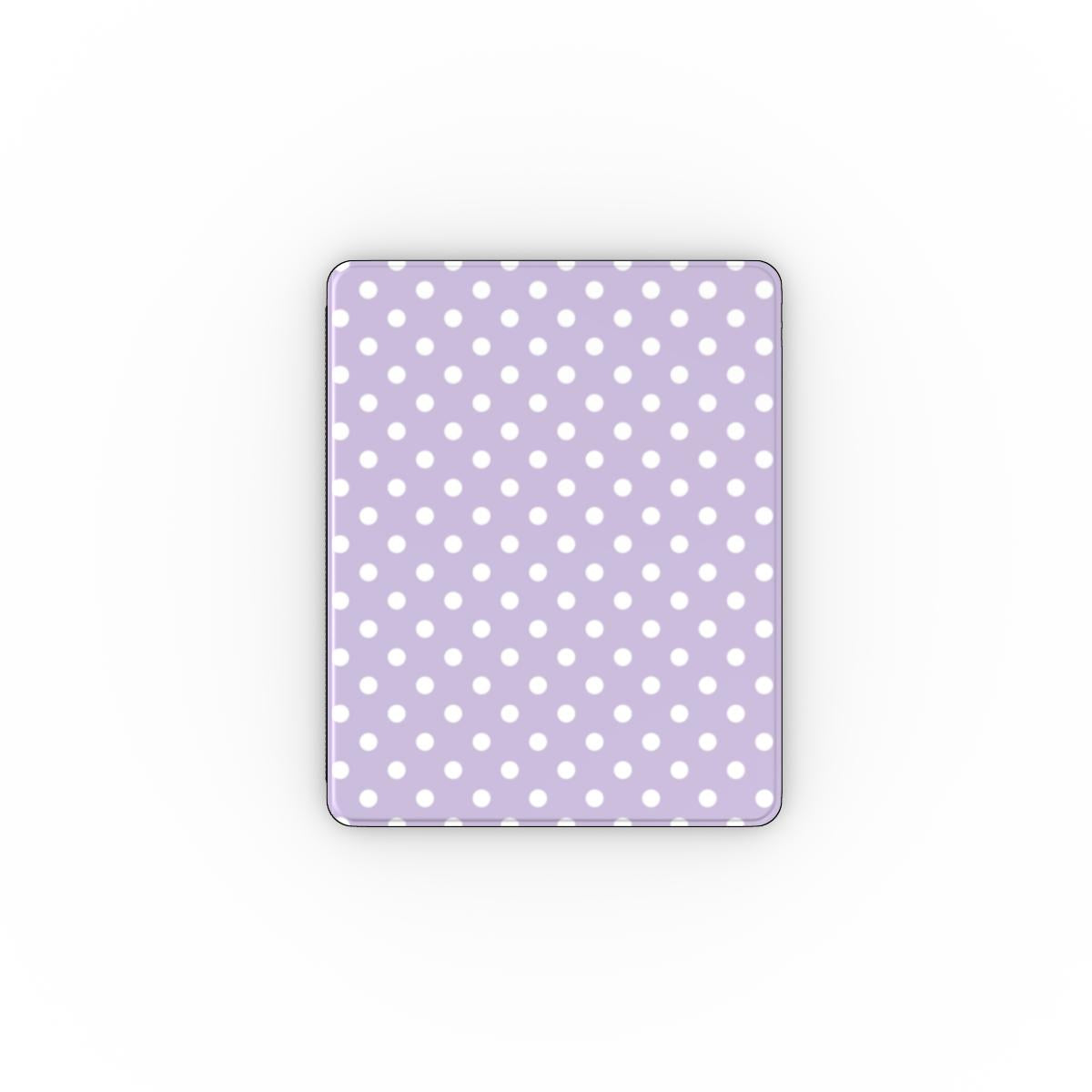Lilac polka dot iPad case open, showing the stand fold and interior