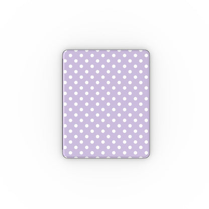 Lilac polka dot iPad case open, showing the stand fold and interior