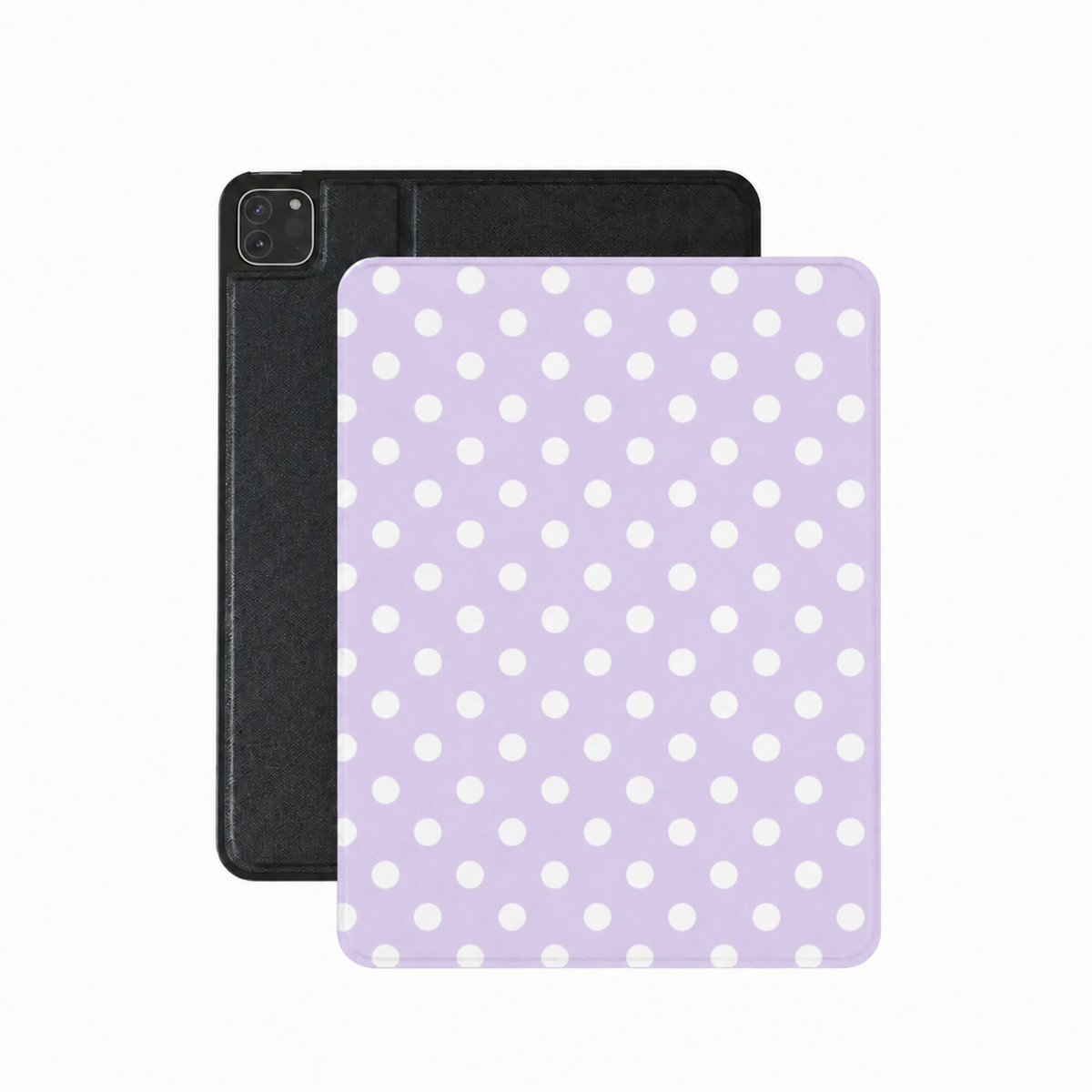 Lilac polka dot iPad case in purple and cream vegan Saffiano leather — preppy folio