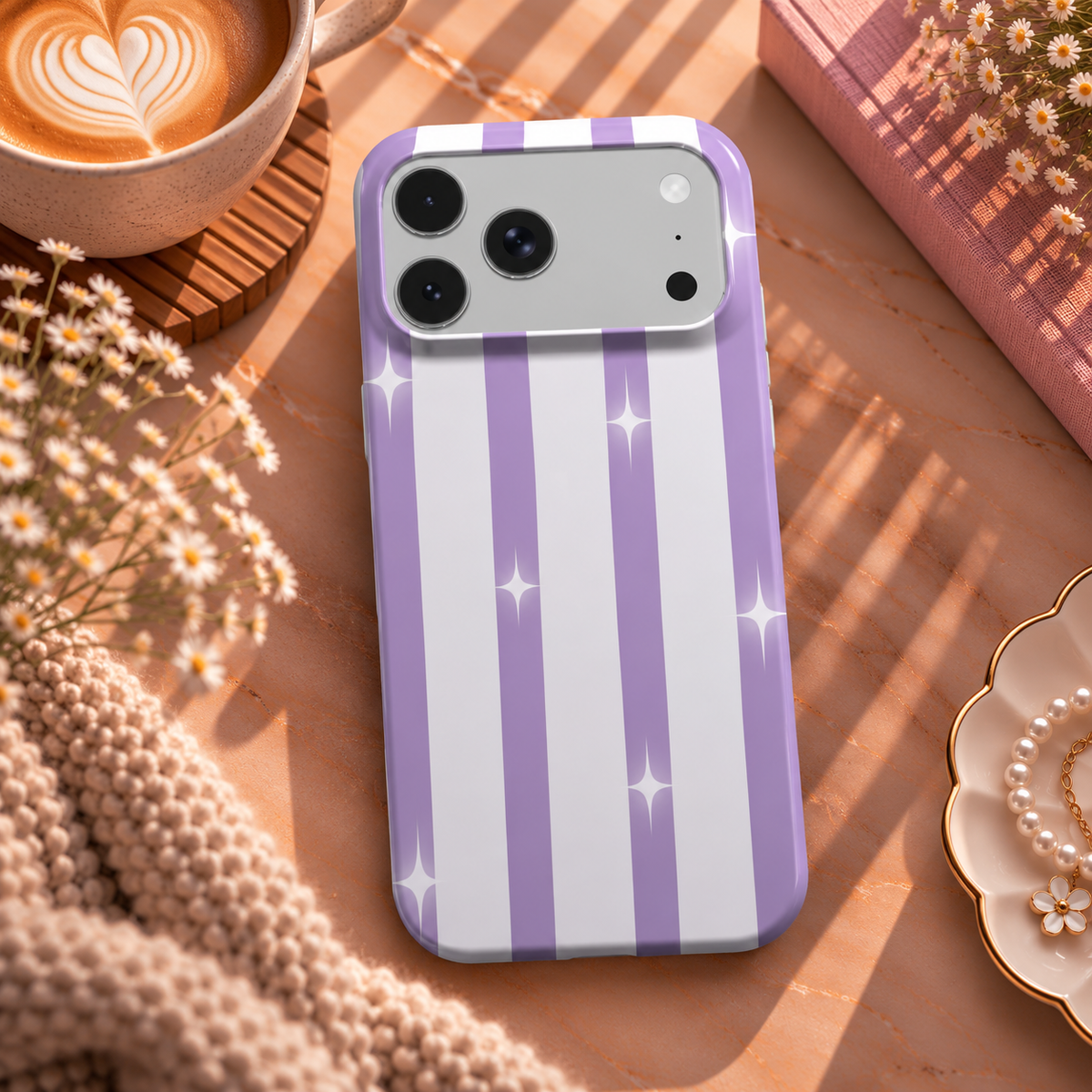 Lilac Sparkle Stripe phone case – MagSafe iPhone case, lifestyle photo