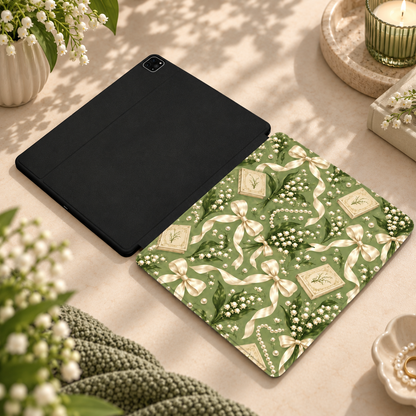 Lily of the Valley iPad case shown front and back — printed front cover, plain black back
