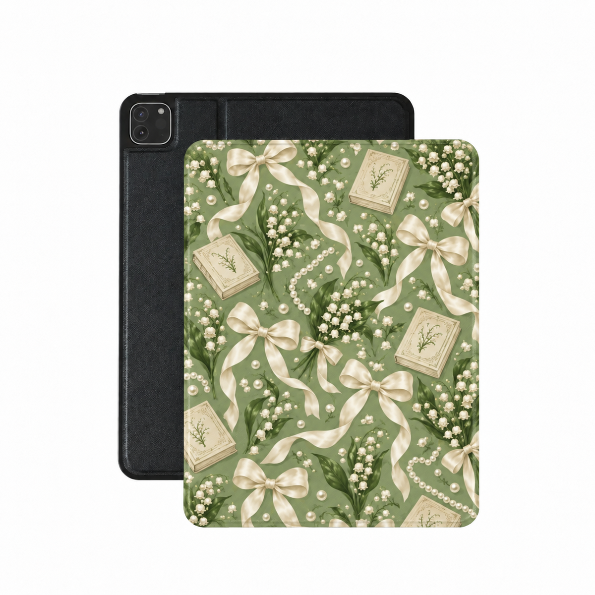 Lily of the Valley iPad case — lily of the valley, ivory bows and pearls on sage green