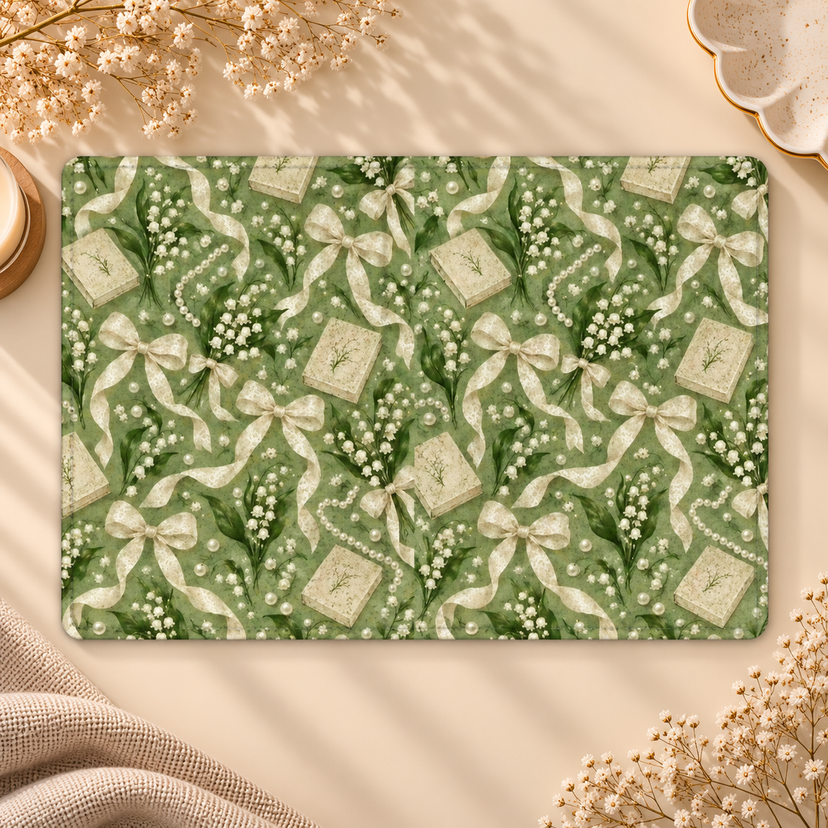 Lily of the Valley Kindle case opened flat, front and back — lily of the valley, lace bows, pearls and books on sage