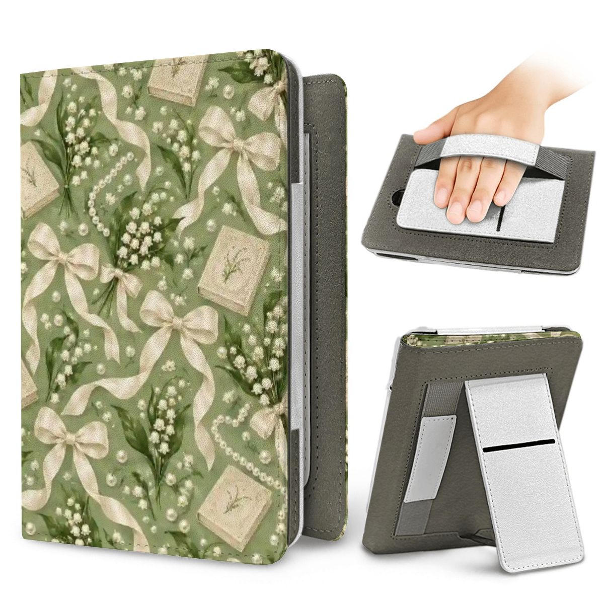 Lily of the Valley Kindle case — elastic hand strap and fold-out stand on the back