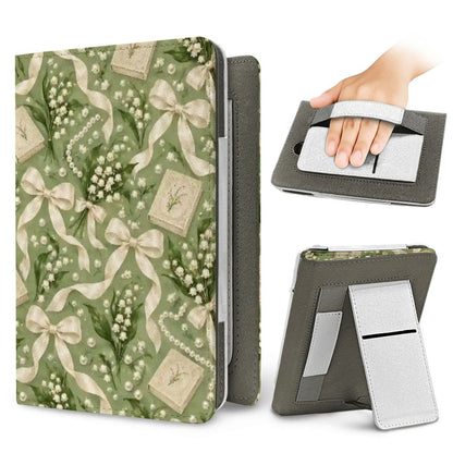 Lily of the Valley Kindle case — elastic hand strap and fold-out stand on the back