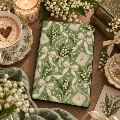 Lily of the Valley Kindle case — lily of the valley and cream bows on sage, styled with a latte, fresh flowers and a candle