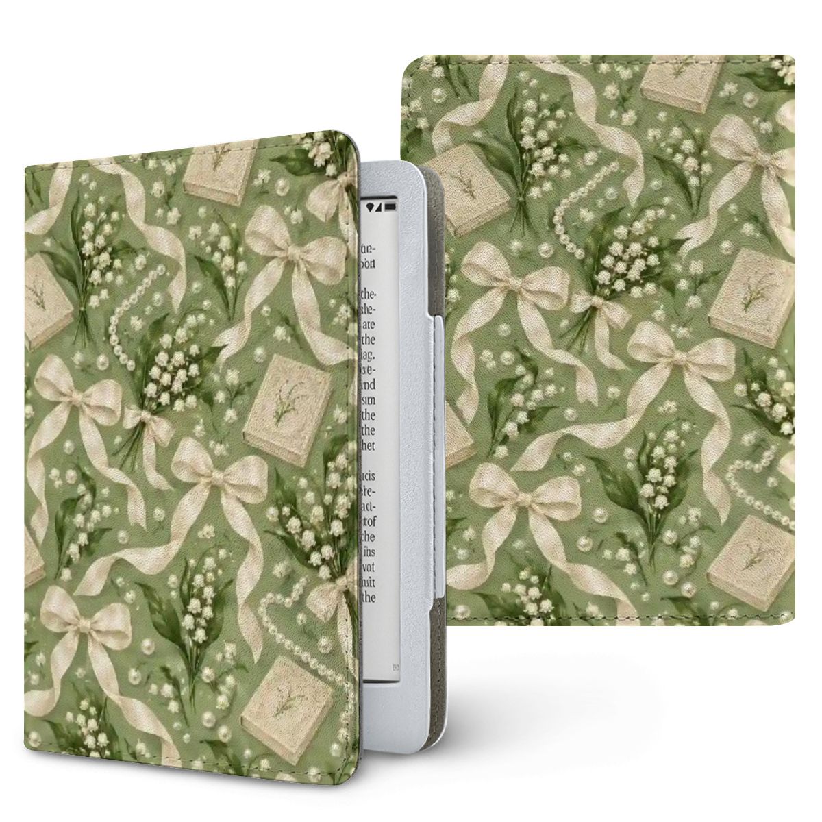 Lily of the Valley Kindle case — lily of the valley, cream lace bows and pearls on sage green, printed front and back