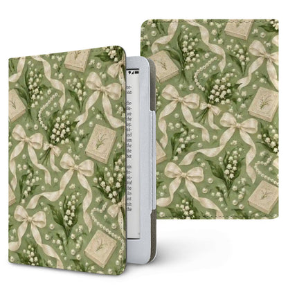 Lily of the Valley Kindle case — lily of the valley, cream lace bows and pearls on sage green, printed front and back