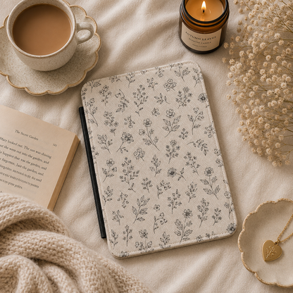 Line Art Wildflower Kindle case shown at an angle