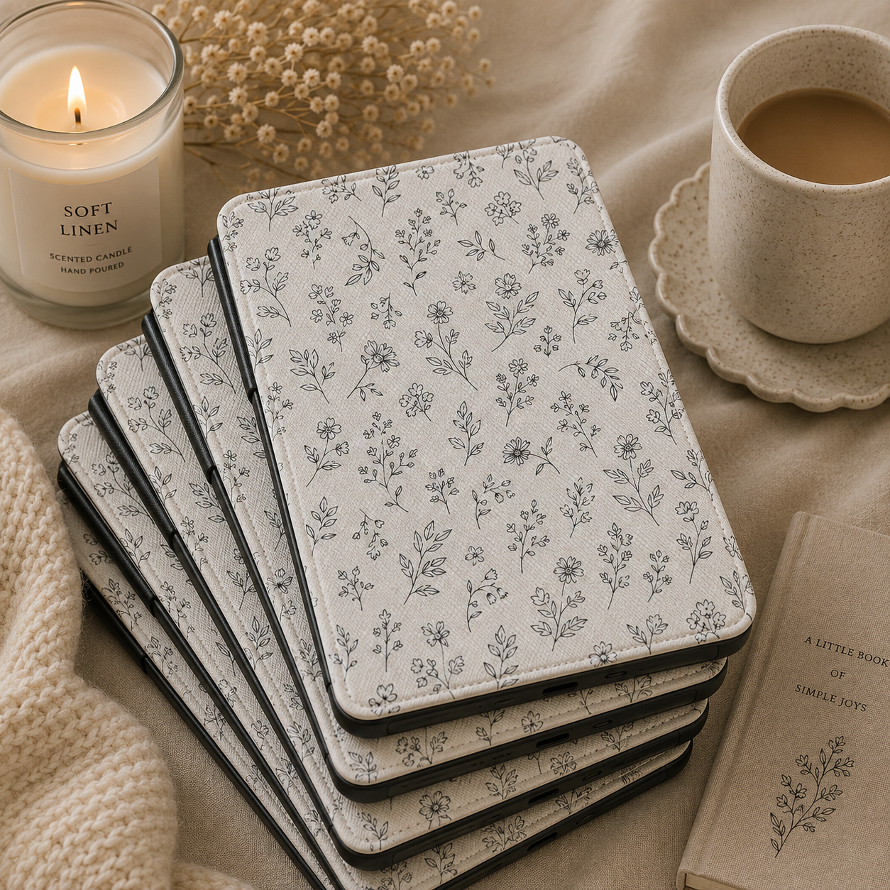 Line Art Wildflower Kindle case open showing e-ink Kindle on right interior panel