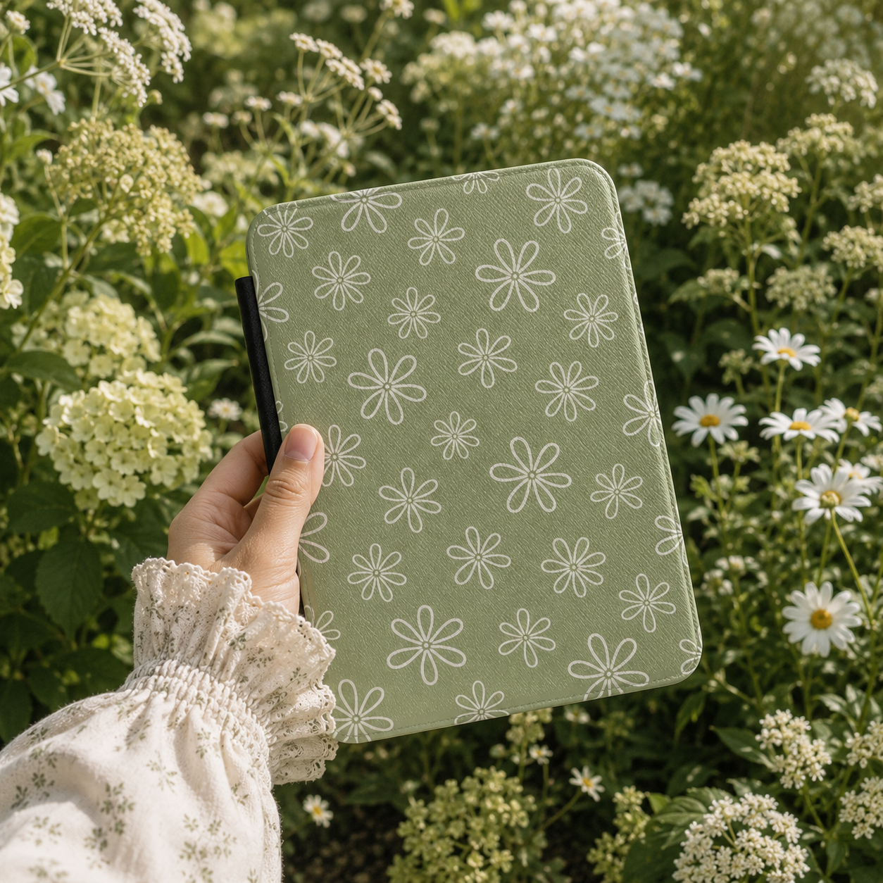 Line Daisy Kindle case open showing e-ink Kindle on right interior panel