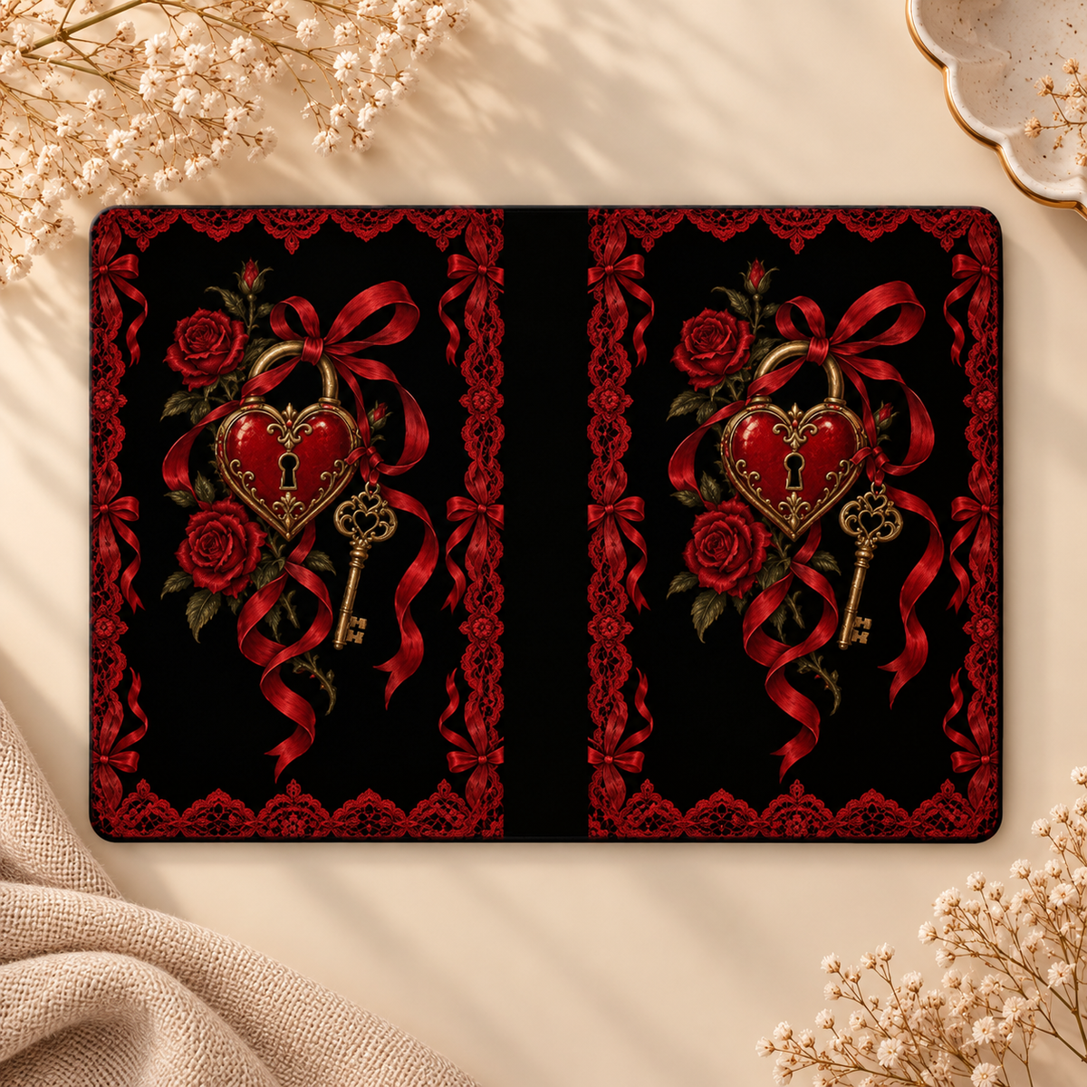 Locked Heart Kindle case opened flat, front and back — heart padlock, gold key, roses and a red lace border