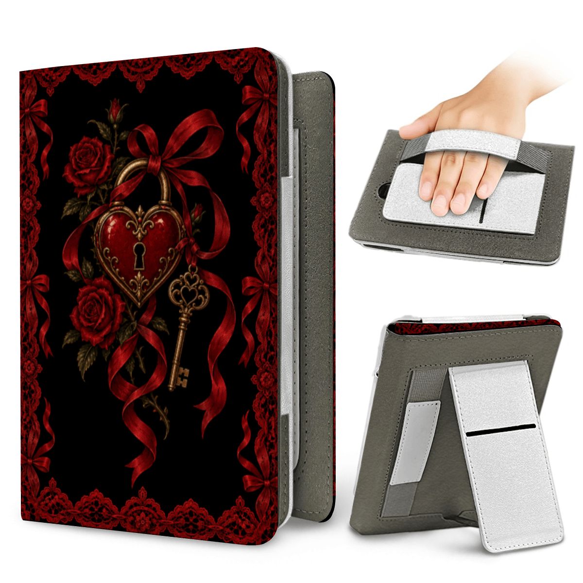 Locked Heart Kindle case — elastic hand strap and fold-out stand on the back
