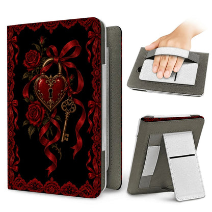 Locked Heart Kindle case — elastic hand strap and fold-out stand on the back