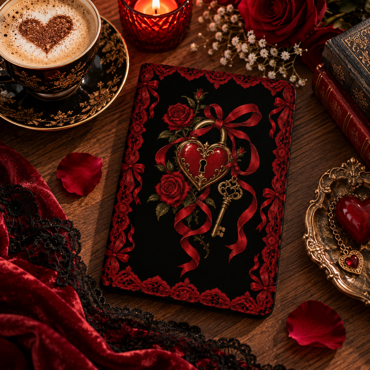 Locked Heart Kindle case — red heart padlock and key on black, styled with a latte, rose petals and a candle