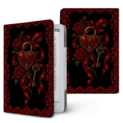 Locked Heart Kindle case — red heart padlock and gold key with roses and red lace on black, printed front and back