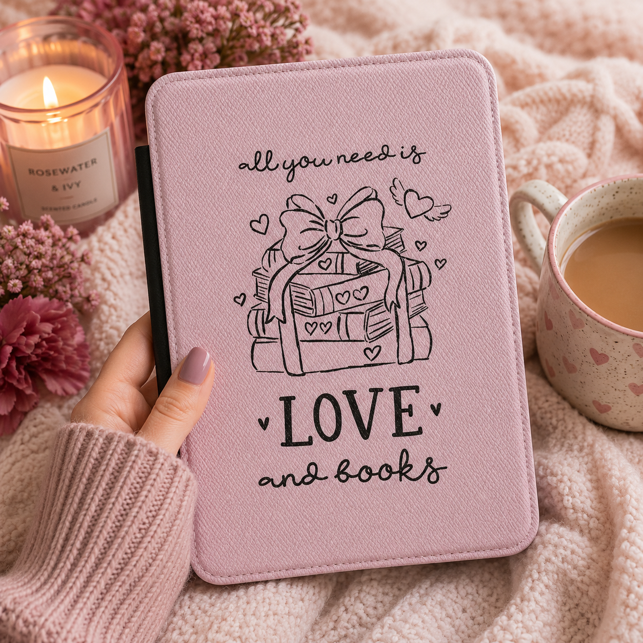 Close-up of Love and Books Saffiano Kindle case