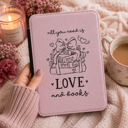 Close-up of Love and Books Saffiano Kindle case