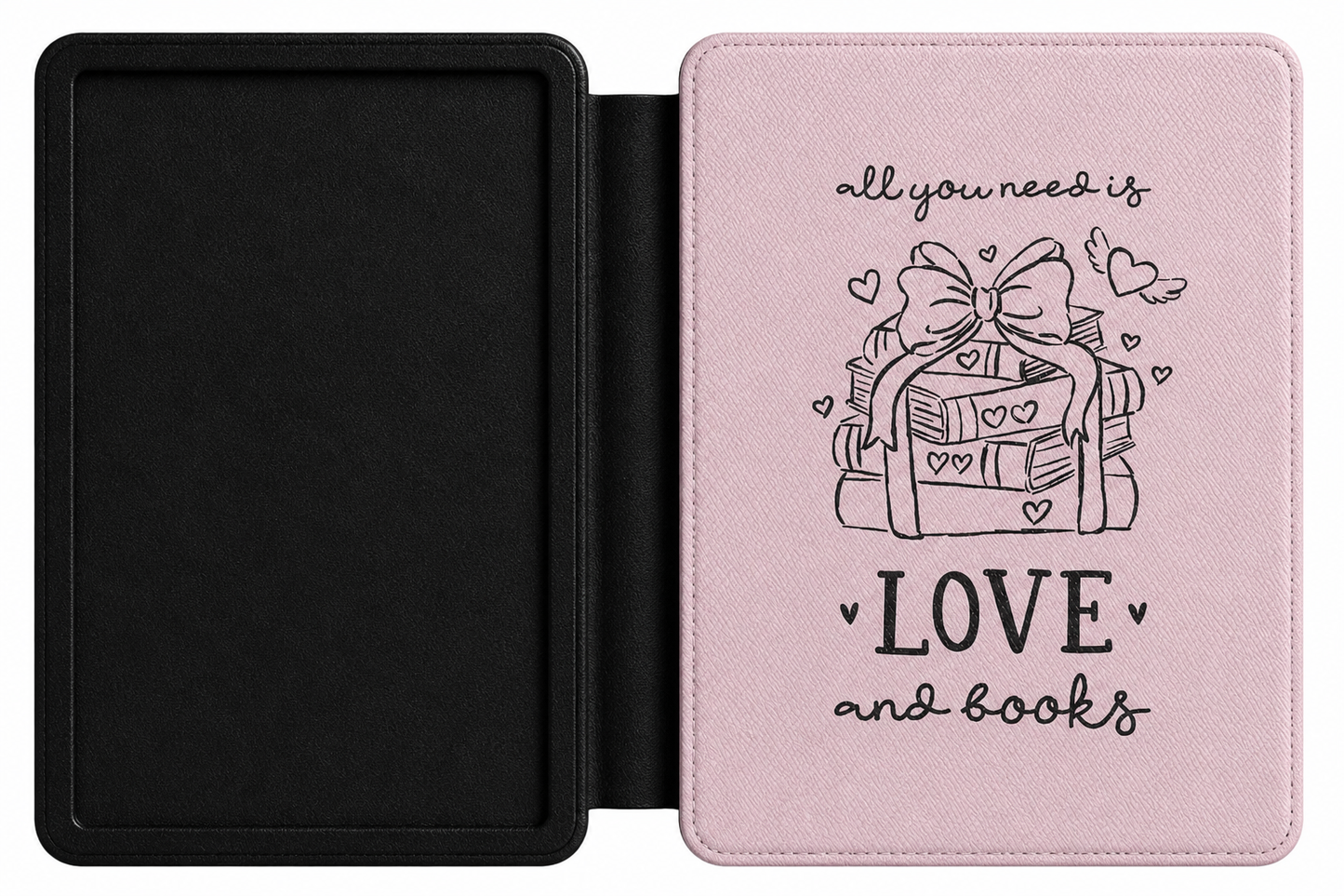 Love and Books Kindle case open showing e-ink Kindle on right interior panel