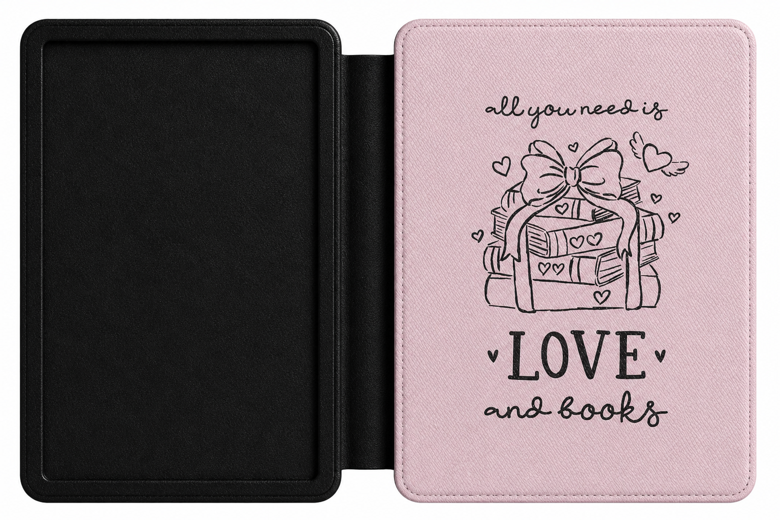 Love and Books Kindle case open showing e-ink Kindle on right interior panel