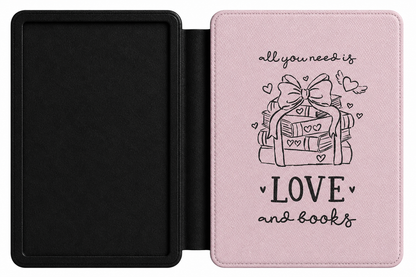 Love and Books Kindle case open showing e-ink Kindle on right interior panel