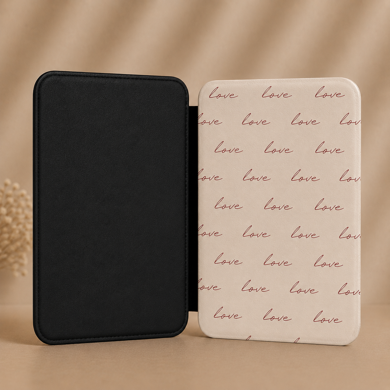 Cream Kindle Paperwhite case with burgundy love script — Quiet Bookish romantic gift