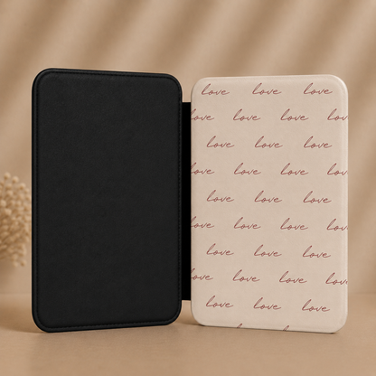 Cream Kindle Paperwhite case with burgundy love script — Quiet Bookish romantic gift