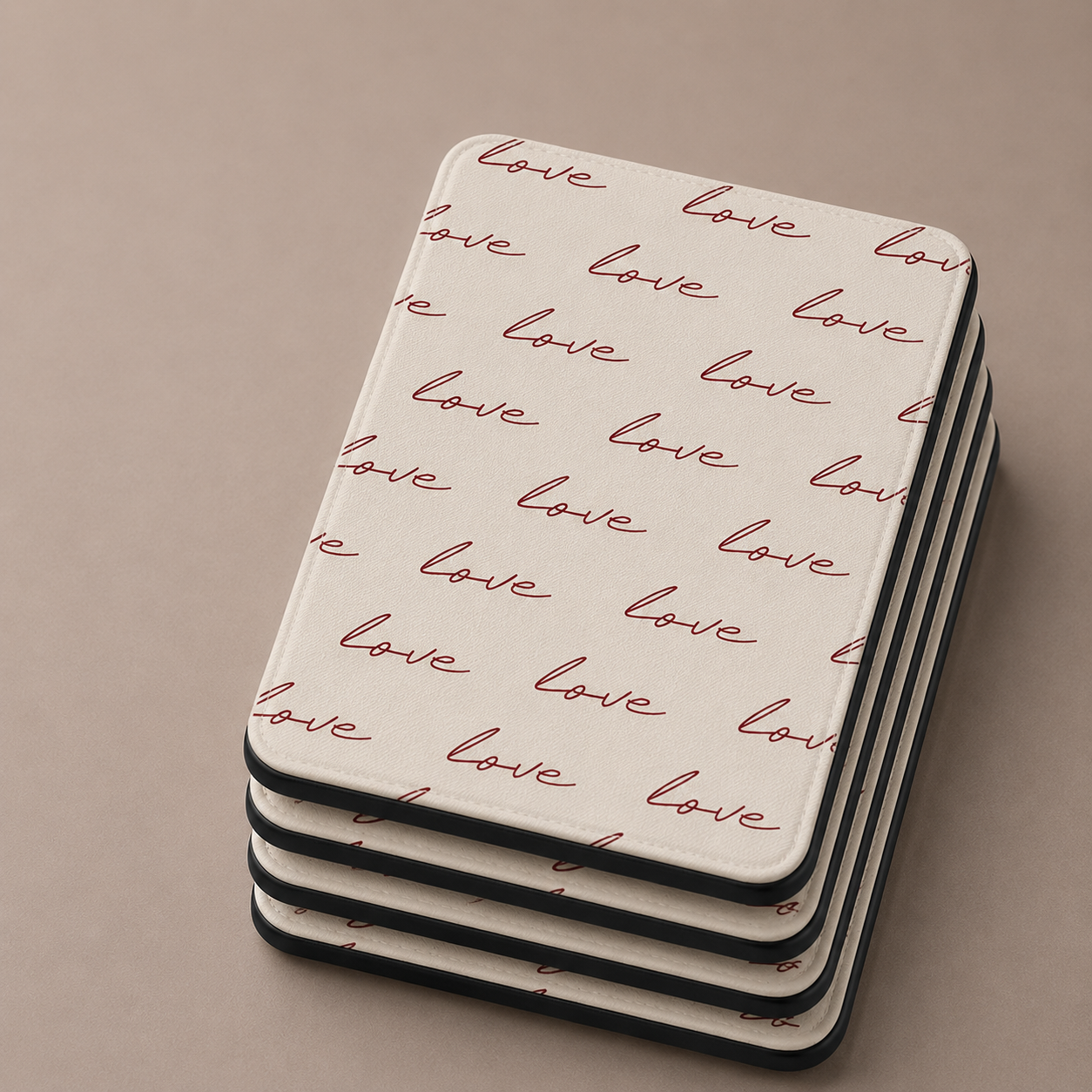 Cream Kindle case with burgundy love script open showing black interior — Quiet Bookish