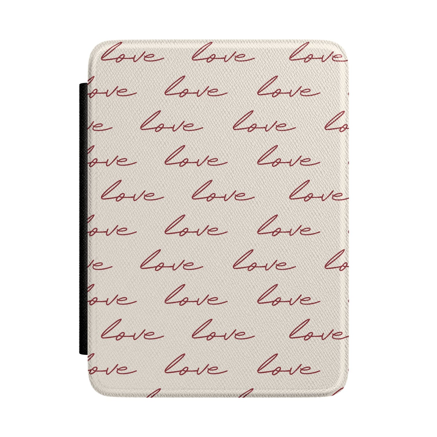 Cream Kindle Paperwhite case with burgundy love script front cover — Quiet Bookish romantic gift