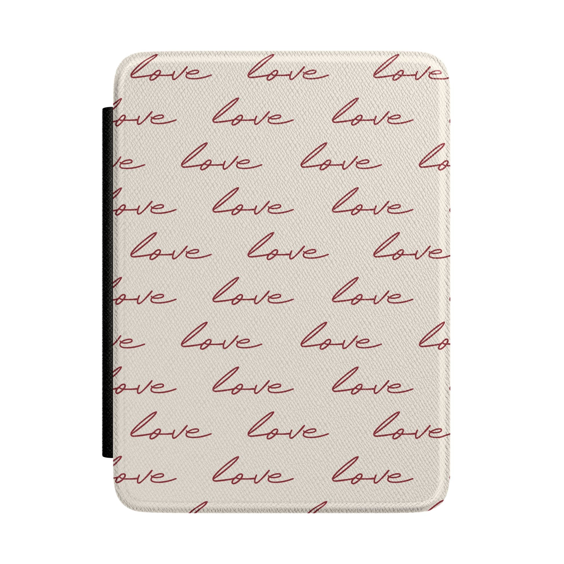 Cream Kindle Paperwhite case with burgundy love script front cover — Quiet Bookish romantic gift