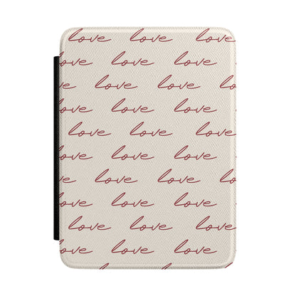 Cream Kindle Paperwhite case with burgundy love script front cover — Quiet Bookish romantic gift