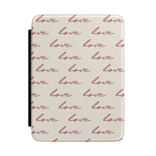 Cream Kindle Paperwhite case with burgundy love script front cover — Quiet Bookish romantic gift