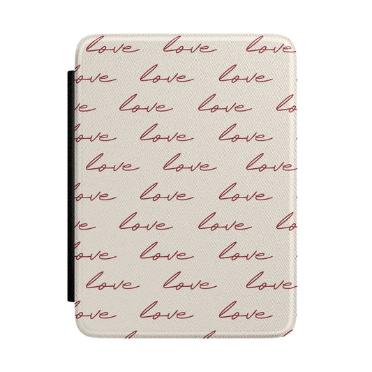 Cream Kindle Paperwhite case with burgundy love script front cover — Quiet Bookish romantic gift