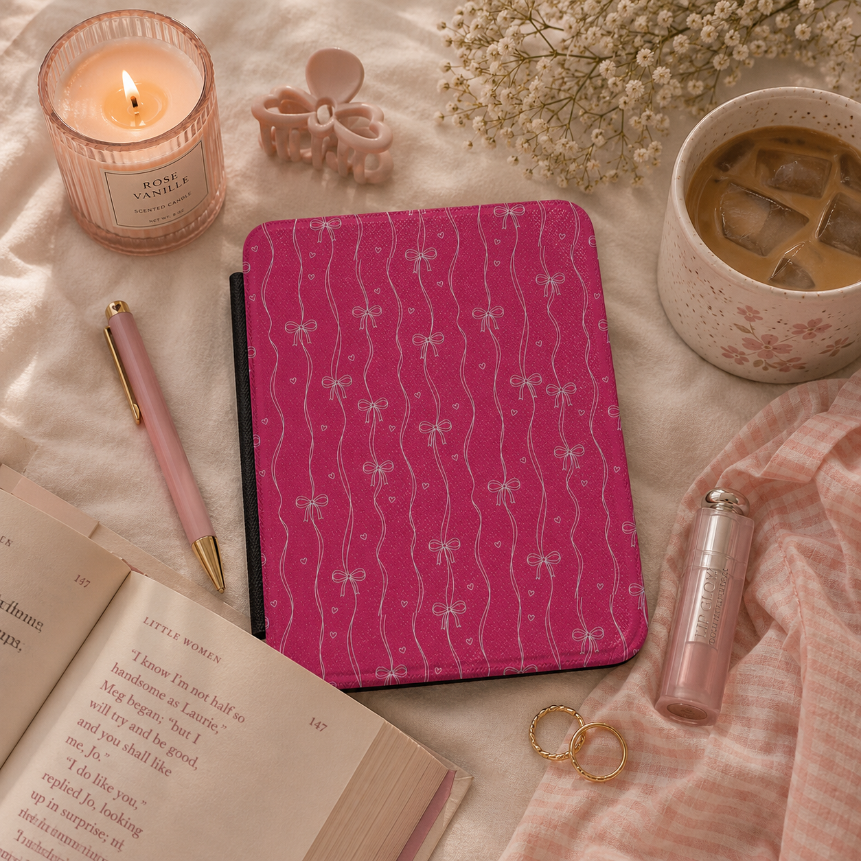 Magenta dandelion Kindle case with elastic hand strap — Jardin Secret botanical print