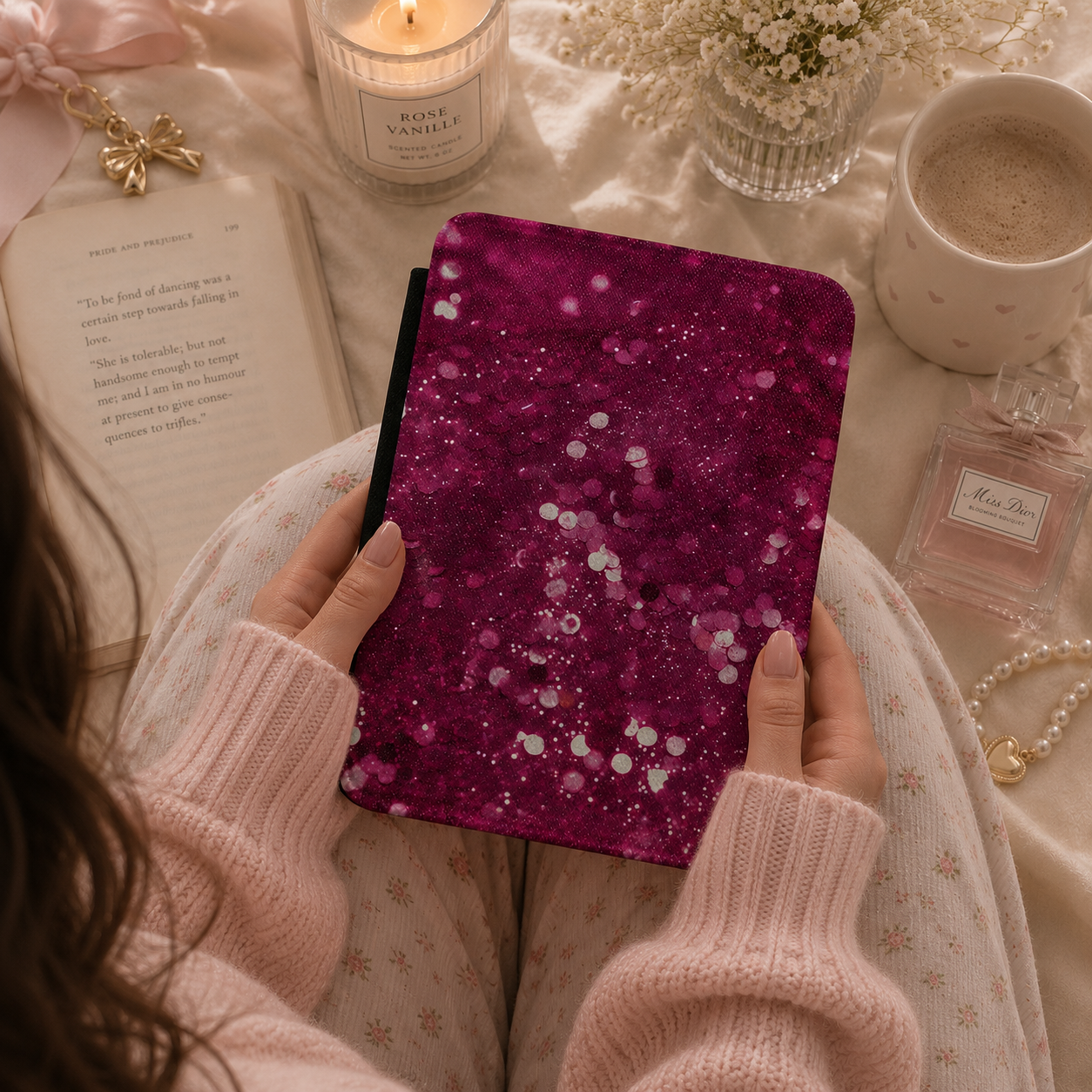 Magenta glitter Kindle case front cover close-up — Smut Era sparkle design