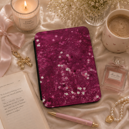 Magenta glitter Kindle case with elastic hand strap — Smut Era sparkle print
