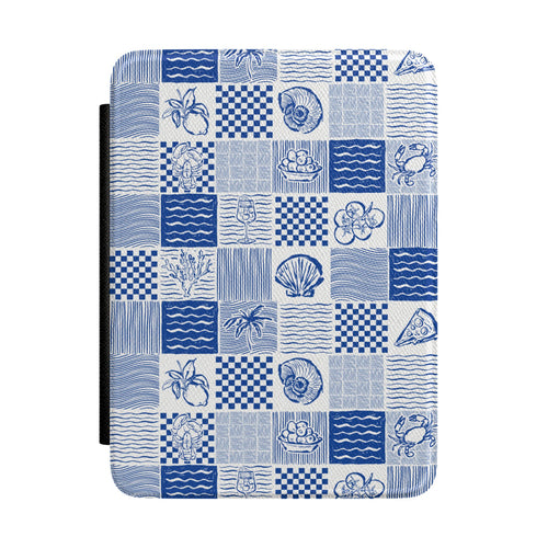 Blue and white block-print Kindle Paperwhite case with lobsters, shells and lemons front cover — Atelier Mediterranean gift