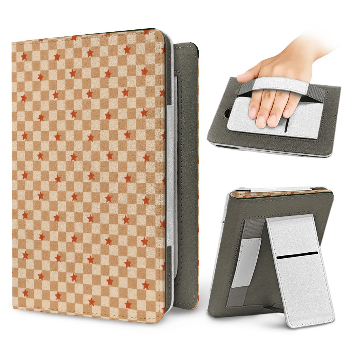 Checkered Stars Kindle case — elastic hand strap and fold-out stand on the back