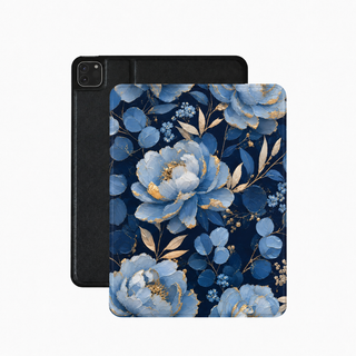 Midnight blue peony iPad case in navy vegan leather — blue and gold floral folio