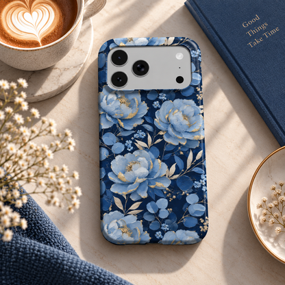 Midnight Blue Peony phone case – MagSafe iPhone case, lifestyle photo