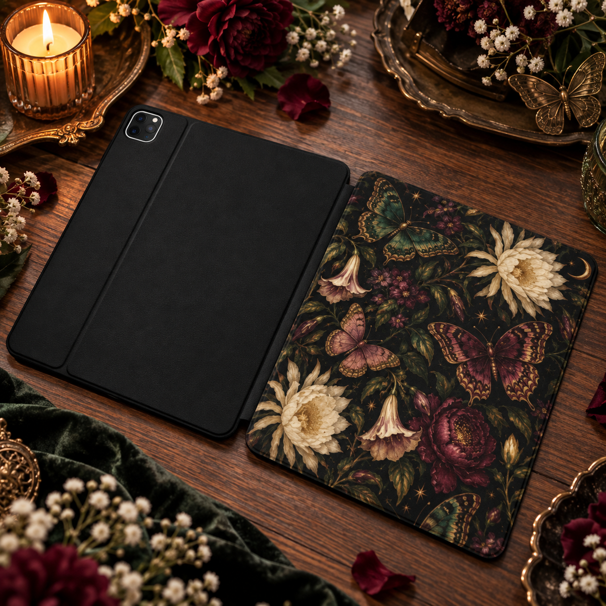 Midnight Butterfly Garden iPad case shown front and back — printed front cover, plain black back